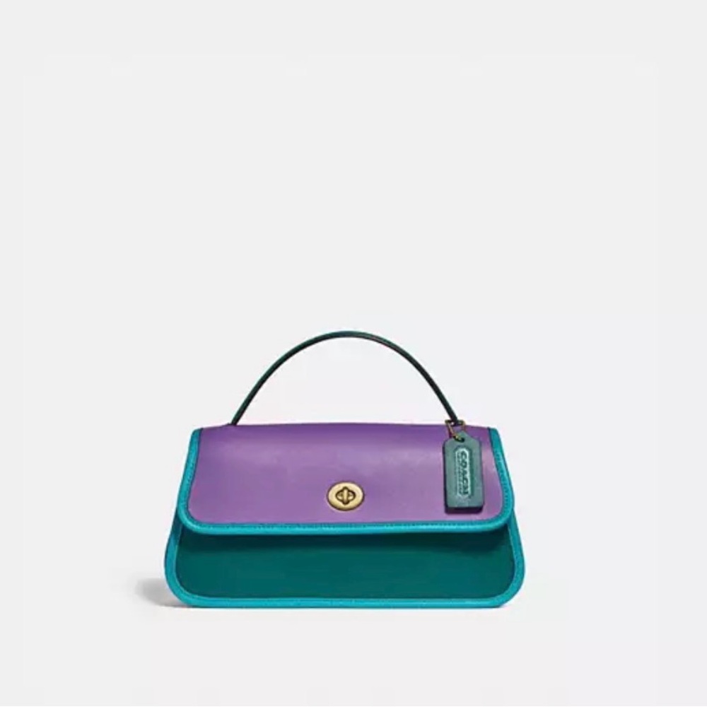 Coach Colorblock Leather Top Handle Satchel in Purple and Teal